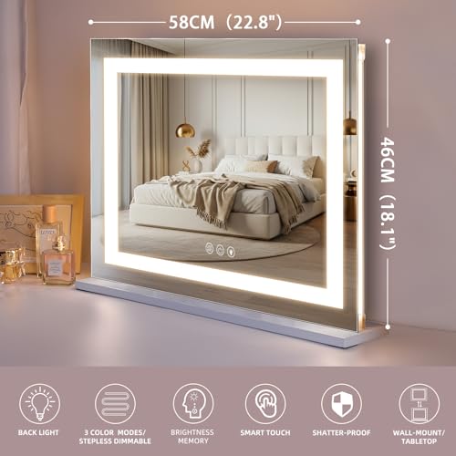 Fenair Vanity Mirror with Lights: 23" x 18" Lighted Makeup Mirror with Front Light and Backlit Hollywood Light Up Mirror with Dimmable 3 Modes and 10X Magnification Smart Touch Control for Vanity Desk