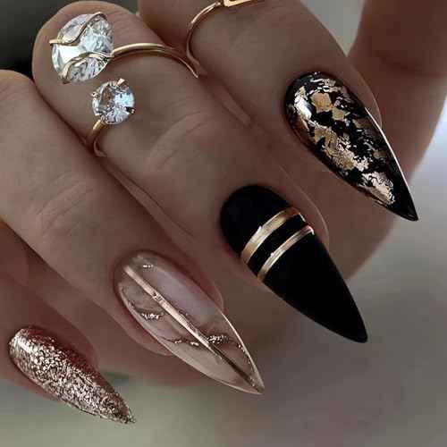 Black Amber Press on Nails Almond Fake Nails Medium Length Gold Foil Glue on Nails with Designs False Nail Tips Exquisite Almond Shape Stick on Nails Medium Artificial Nails for Women 24Pcs