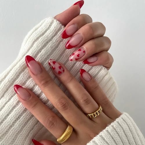 SINHOT Valentines Day Press on Nails Medium Almond Fake Nails Glossy Glue on Nails Cute Love Heart Stiletto Artificial Nails Red French Tip Acrylic Nails False Nails with Design 24 pcs