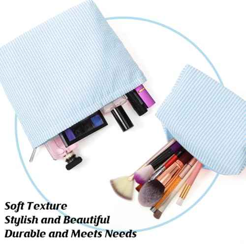 2 Pieces Makeup Bag Set Cute Cosmetic Pouch for Women Seersucker Travel Toiletry Bag Preppy Small Makeup Purse Pouch Aesthetic Skincare Brushes Storage Organizer for Women(Light Blue)