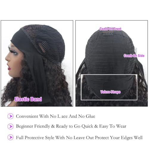 Long Headband Wig Human Hair Water Wave Human Hair Wigs for Black Women Curly Half Wig None Lace Front Wigs 180% Density Brazilian Virgin Hair Wig Natural Black Color 26 Inch