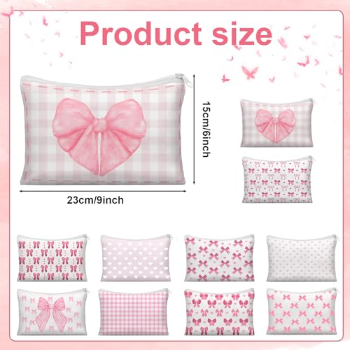 10 Pcs Pink Bow Makeup Bag Coquette Pink Bow Cosmetic Bag for Women Bow Themed Travel Zipper Pouch Coquette Party Favor for Birthday Christmas Graduation