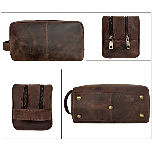 RUSTIC TOWN Full Grain Leather Travel Toiletry Bag - Cosmetic Ditty Kit Organizer (Dark Brown)