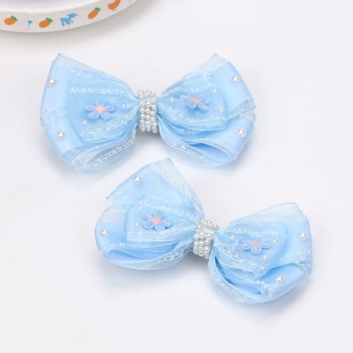 KISZU 4.5 Inch Flower Hair Bow Clips, Organza Bows with Pearls Big Hair Accessories for Baby Girls Kids Children Teens and Women (Blue)
