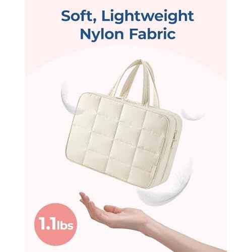 BAGSMART Travel Toiletry Bag with Jewelry Organizer, Hanging Travel Bag for Toiletries, Puffy Makeup Cosmetic Bag Organizer, Carry-on Travel Accessories Essentials, Beige-M