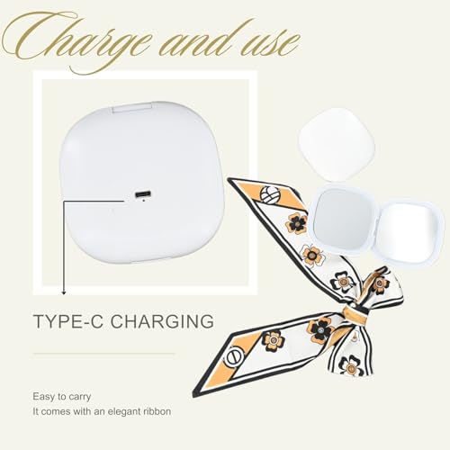 Makeup Mirror with Lights - Dual-Sided White LED Pocket Mirror, 1X/5X Magnifying Travel Mirror, 3 Light Modes, Rechargeable Handheld Mirror for On-The-Go Makeup, Grooming, and Gifts