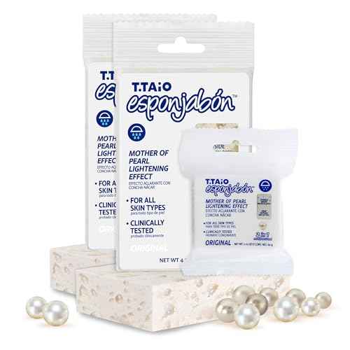 T.Taio Esponjabon Mother of Pearl Soap Sponge - Revitalizing Shower Scrubber for Bath Wash & Oil Removal - Bathroom Essentials with Fresh Scents - Pearl with Mini