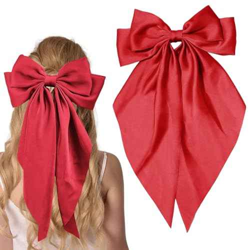 Large Red Satin Hair Bows, Clips, and Barrettes - Hair Accessories for Women, Christmas Gift