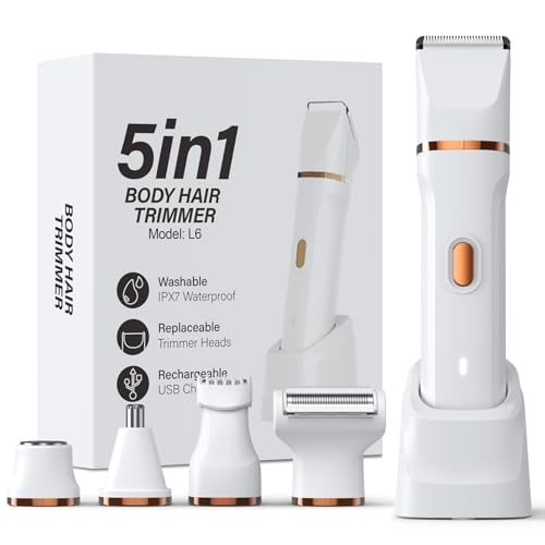 5-in-1 Bikini Trimmer for Women, IPX7 Waterproof Electric Razors Shaver, Cordless Body Hair Trimmer, Facial & Pubic Hair Removal, Ceramic Blade (White)