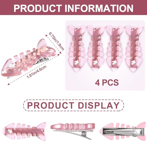 4pcs Fish Bone Hair Clips, Translucent Pink Small Barrettes, Resin No Crease Bangs Kawaii Hairpin, Duckbill Hair Accessories for Women Girls Toddlers Birthday Christmas Party
