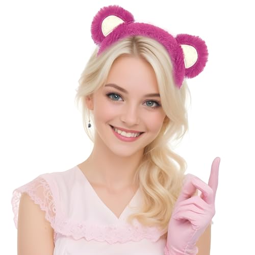 Wittocs Rose Red Bear Ears Headband Plush Bear Ear Headwears for Women Girls Makeup Headband Cute Fashion Fluffy Soft Face Washing Headbands New Year Halloween Valentines Day Hair Hoop