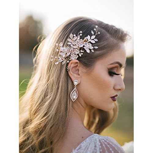 SWEETV Light Rose Gold Wedding Clip Rhinestone Bridal Comb Barrette - Handmade Flower Clip Head Pieces for Women