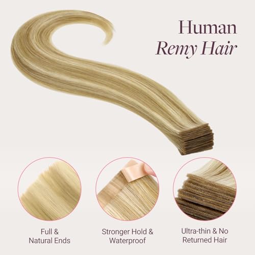 GOO GOO Genius Tape in Hair Extensions, Hand Tied Tape Weft, 16/22 Light Blonde Highlighted Golden Blonde, 20inch 50g 20pcs, Remy Human Hair, Seamless Invisible Tape, Natural Blend, Lightweight