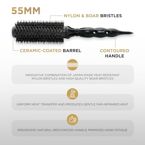 COCCO Black Series Ceramic Boar Brush S6, Hair Styling Brush with Dual Bristle Technology, Ceramic-Coated Barrel, Ergonomic Design