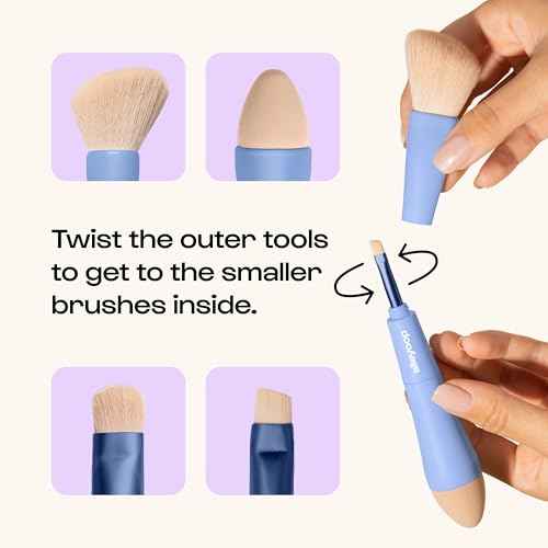 Alleyoop Multi-Tasker 4-in-1 Travel Makeup Brush Set ? Compact Makeup Brushes with Blending Sponge, Eyeshadow, Eyebrow & Liner, Blush & Bronzer Brush ? Mini Makeup Tools Kit for Women, Vegan