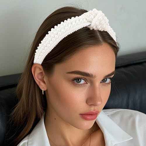 YISSION White Pearl Knotted Headband Beaded Head bands Wide Headbands for women Non Slip Jeweled Embellished Hairband Hair Accessories for Women Girls (Densely Arranged Pearls)