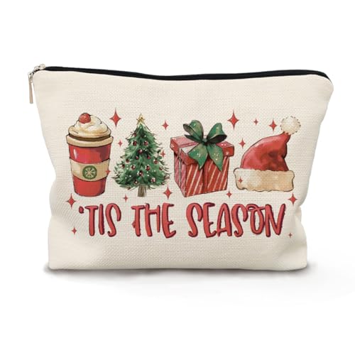 Tis the Season Christmas Makeup Bag, Red Santa Hat Gift Box Cocoa Christmas Tree Cosmetic Bags with Zipper for Women's Gifts
