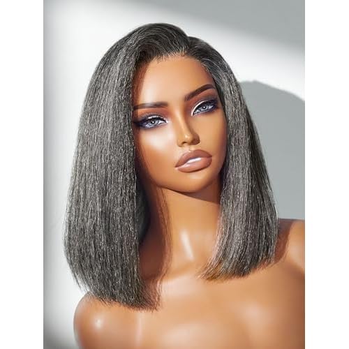 LUVME HAIR 12'' Grey Salt & Pepper Bob Wig Blunt Cut Bob Wig Pre Cut Glueless Wigs Glueless Lace Front 12 Inches Bob, Pre Cut Plucked Hd Lace Short Wig Ready To Go Natural Color Straight Side Part