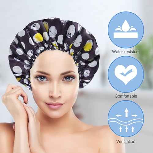 Shower Cap for Women Set of 4, Bath Caps, Double Layers Hair Caps + 2 Satin Hair Scrunchies, Reusable Waterproof Shower Caps, Elastic Hair Cap for Shower