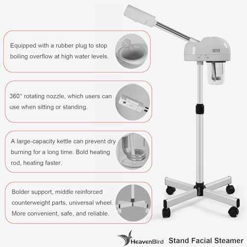 Stand Professional Ozone Facial Steamer with Touch Control, Adjustable Height & Rolling Base, 360¡Æ Rotatable Nozzle, Hot Mist Function, Use for Home, Salon SPA (White)