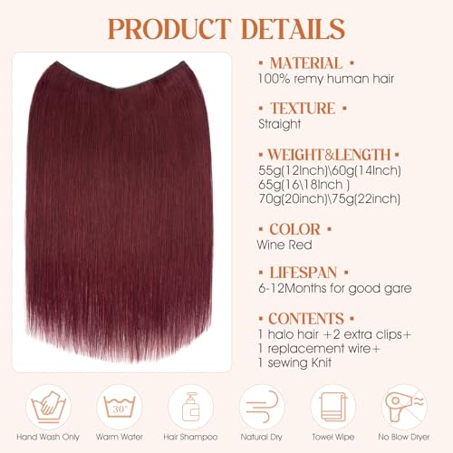 S-noilite Halo Hair Extensions Real Human Hair,Invisible Wire Hair Extensions with Adjustable Fish Line Halo Extensions for Women 16Inch 80G(Wine Red)