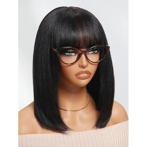 Julia Hair 10 Inch Light Yaki Straight Bob Wig with Bangs Human Hair Glueless 2x4 HD Lace Realistic Short Black Ready to Wear Blunt Cut Bob Wigs Natural for Black Women Beginner Friendly