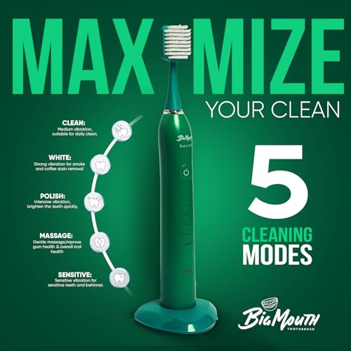 BIG MOUTH TOOTHBRUSH Dr Bobbi Electric Toothbrush for Adults Ultrasonic Rechargeable Toothbrush with 5 Cleaning Modes & 2-Minute Smart Timer Retains 42-Day Battery Travel-Ready Design ? (Green)