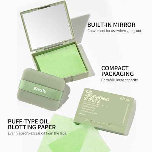 Erinde Oil Blotting Sheets for Face with Mirror and Puff, 300 Sheets Oil Blotting Paper for Oily Skin, Face Oil Absorbing Sheet, Natural Oil Control Film, Absorb Excess Oil, Makeup Friendly