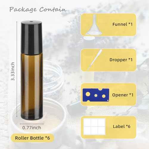 10ML Essential Oil Roller Bottles, 6 Pack Amber Oil Roller Bottles for Essential Oils, Roll on Bottle with Stainless Steel Balls(6 Labels, Opener, Funnel, Dropper Included)
