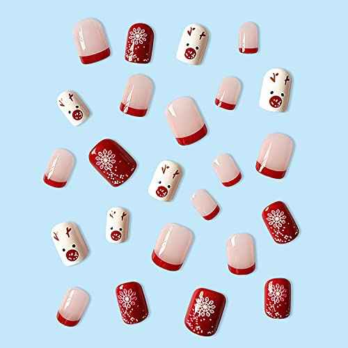 Christmas Press on Nails Short French Tip Fake Nails Square Red Acrylic Nails Snowflake Full Cover False Nails with Design Cute Elk Winter Xmas Glue on Nails Nail Art Decorations for Women Girls
