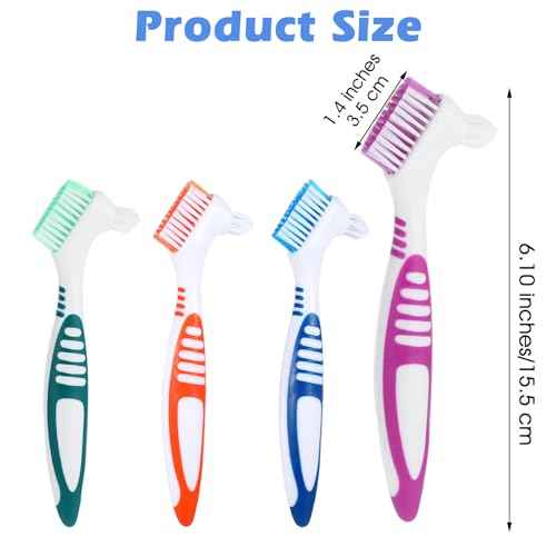 4 Pcs Denture Brush, Portable Denture Toothbrushes with Carrying Case, Dual Angled False Teeth Care Cleaning Brush with Multi-Layered Soft Bristles (Purple, Green, Blue, Orange)