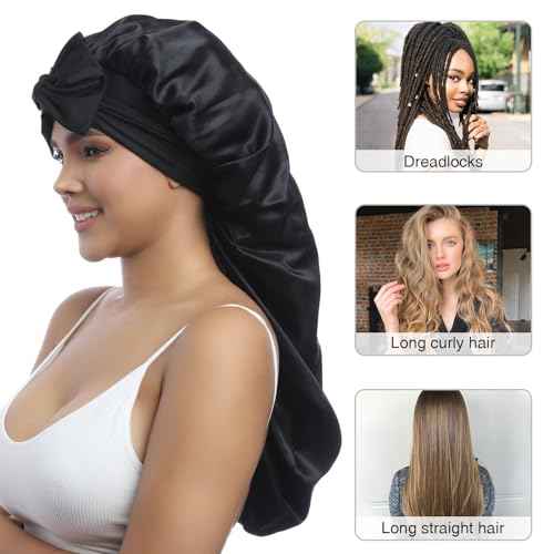 AWAYTR Long Satin Bonnet for Women - Double Layer Elastic Silk Bonnet for Braids Hair Sleeping Cap with Tie Band (Black)
