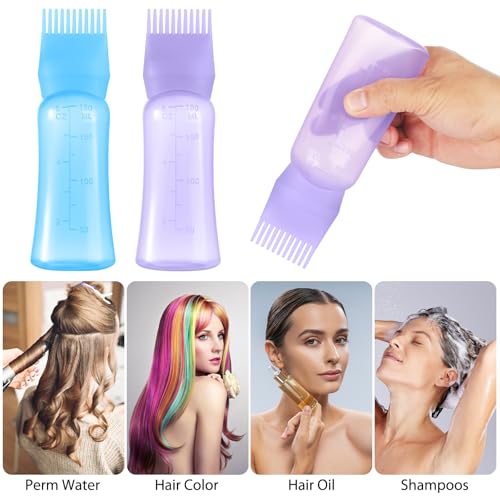 Root Comb Applicator Bottle 6 OZ, Hair Oil Applicator Bottles for Scalp with Massage Comb, 2 Pack Hair Dye Applicator with Graduated Scale (Purple, Blue)