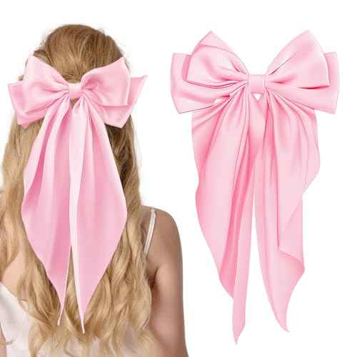 Large Satin Bow Barrettes Clips in Pink - Hair Accessories for Women