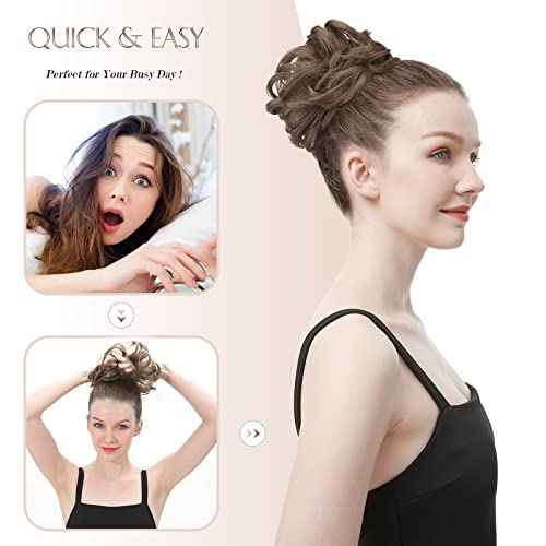 FESHFEN Messy Bun Hair Piece - Elastic Wavy Curly Hair Bun Scrunchies Extensions Synthetic Chignon Hairpieces for Women Girls, Black Brown 1.5 oz