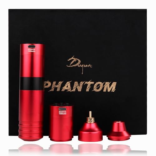 Dragoart Phantom Wireless Tattoo Machine, 2 * 1300mAh Battery Power Supply LED Screen, Coreless Motor, Professional Tattoo Machine Gun for Wireless or Wired RCA (3.5mm Stroke, Red)