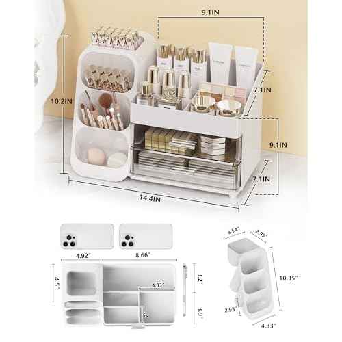 Makeup Organizer with Drawers, Skincare Organizer (Large Size Thick), Storage Box Cosmetic Display Cases, Make up Organizers for Vanity, Dresser, Desk, Kitchen, Countertop (White)