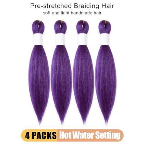 Purple Braiding Hair 12 Inch Pre Stretched Hair Long Straight Crochet Braids Yaki Texture Synthetic Fiber 4 Packs (Dark Purple)