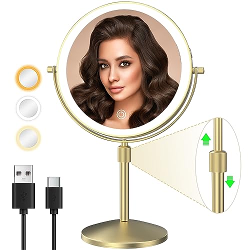 8" Lighted Makeup Mirror, 1X/10X Magnification, Double Sided Dimmable, Rechargeable & Height Adjustable, Cordless Vanity Mirror (Gold)