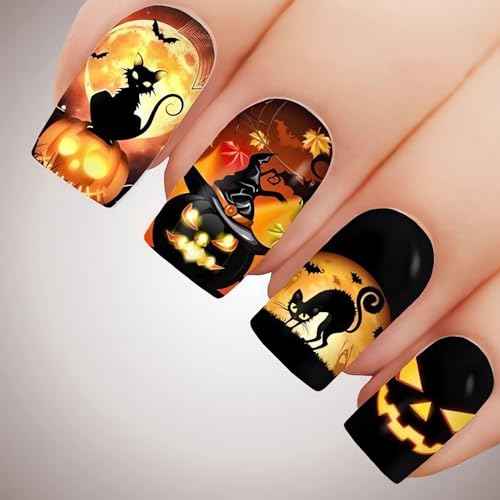 Halloween Short Press on Nails Black Cat Halloween Fake Nails Pumpkin Bat Designs Halloween Stick on Nails Full Cover Halloween Square False Nails Cute Halloween Glue on Nails for Women Girls