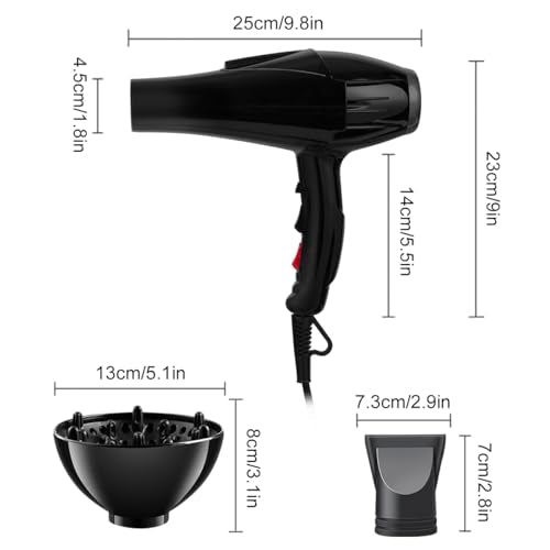 Professional Hair Dryer with Blue Light Far Infrared Negative Ionic 3500W Blow Dryer Fast Drying Heat Hairdryer Powerful Home Salon Hair Dryers with Attachment (Black)