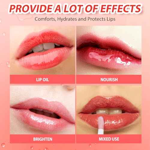 2Pack Big Brush Head Hydrating Lip Glow Oil Plumping Lip Tint, Hydrating Lip Gloss Tinted Lip Balm Transparent Lip Care, Long Lasting Nourishing Non-sticky Fresh Texture (Strawberry + Raspberry)