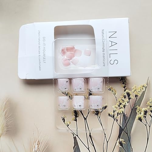 French Tip Press On Toenails, 24 Pcs Short Square Toe Press On Nails with Rhinestone Flower Design, Solid Pink Gradient Full Cover Fake Toenails Glue On Toe Nails Kit for Women-Gradient French Flower