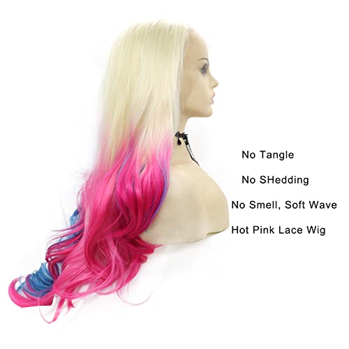 Long Pink Blue Wigs for Women Curly Wavy Blonde Ombre Lace Front Wig Mermaid Real Hair Wigs Natural Hairline Half Pink Blue Colorful Wig Glueless Synthetic Heat Resistant Fiber Cosplay Drag 26Inch