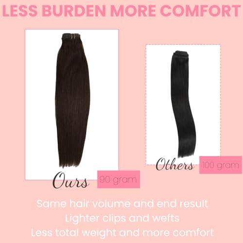 Clip in Extensions Real Human Hair 7pcs, Natural and Seamless 90g (Dark Brown to Black, 22 inch)