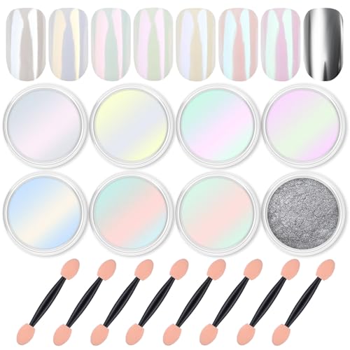 Artdone 8 Jars Chrome Nail Powder Magic White Pearl Kit Mirror Effect Silver Metallic Holographic Dip Nail Powder Decoration Iridescent Aurora Mermaid Pigment