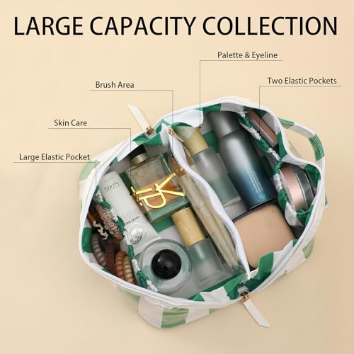 DYSHAYEN Stripe Travel Makeup Bag with Compartments Clear Coated Cosmetic Bag for Women, Waterproof Portable Open Flat Toiletry bag £¨White-Green£©