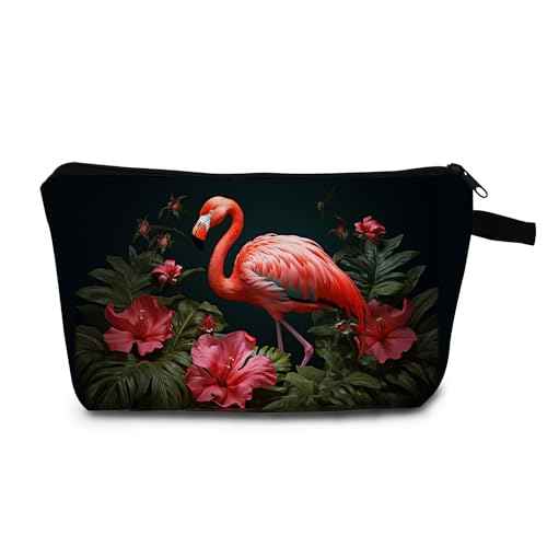 Flamingo & Red Flowers Cosmetic Bag Tropical Printed Design Makeup Organizer Vibrant Beach Vacation & Daily Travel Essential Unique Gift Idea for Summer Parties/Birthdays