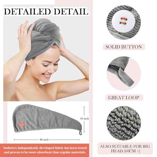 YoulerTex Microfiber Hair Towel Hair Wrap: 2 Pack 10X26 Hair Dryer Towels for Women Absorbent Turban Twist Hair Drying Shower Cap Curly Hair Products for Hair Care Hair Accessories (02 2-Pcs Gray)