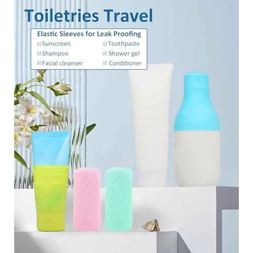 5 Pack Travel Essentials Accessories Silicone Bottle Covers, Cruise Essentials, Beach Vacation Essentials for Women Men, Elastic Sleeves for Leak Proofing, Fit Travel Size Bottles Toiletries